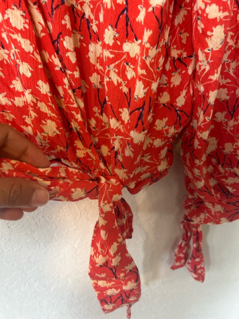 Boho, Folklore Blu Pepper Red Floral V-Neck Tie-Hem Blouse - Picture 4 of 7
